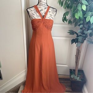 Bill Levkoff Halter Tie-Back Chiffon Gown Burnt Orange Sz 10